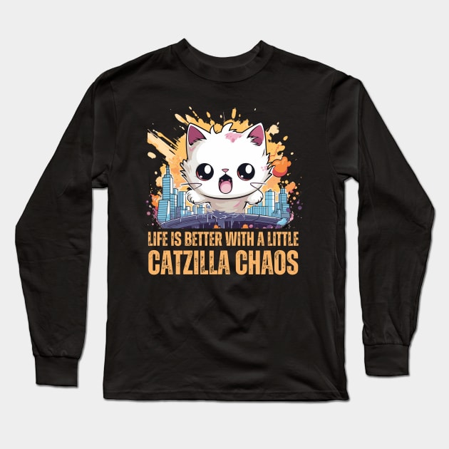 Funny Cute Catzilla Rampaging in a City Long Sleeve T-Shirt by BrushedbyRain